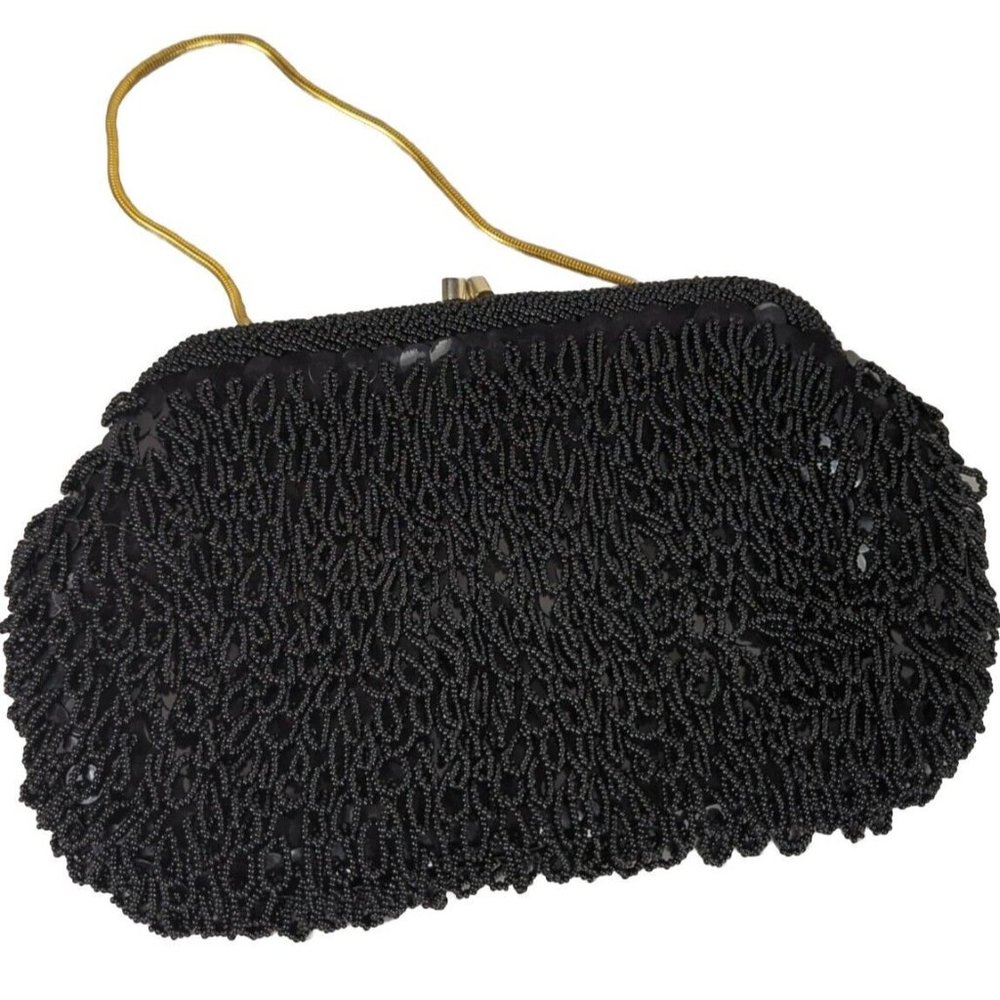 Vintage Flapper Beaded Black Beaded Purse Hong Kong Hand Made Gold Chain  10"x6"